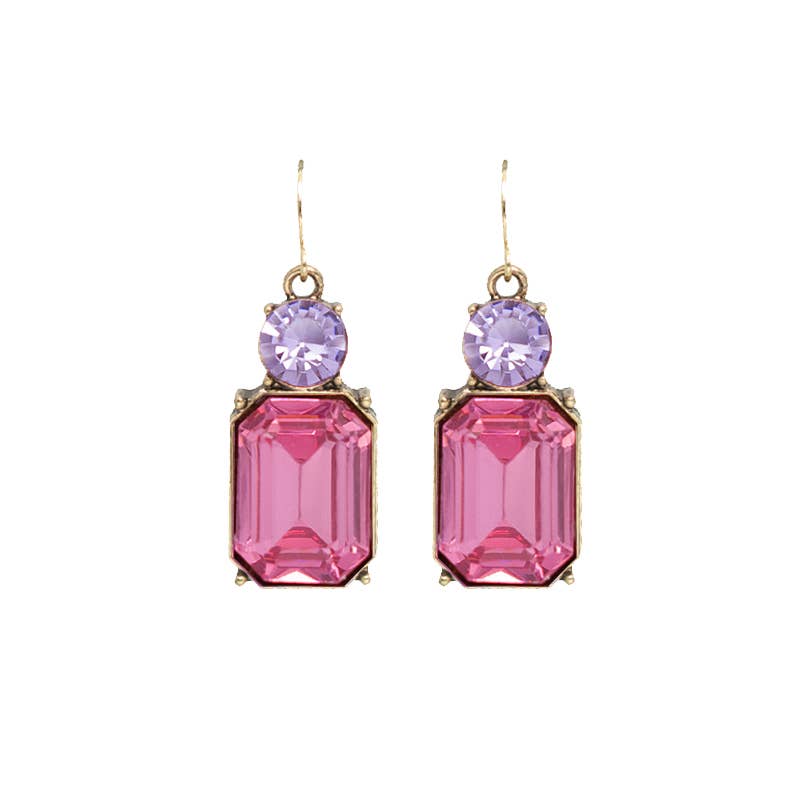 Pink gemstone earrings with gold accents on a white background