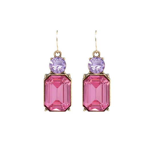 Pink gemstone earrings with gold accents on a white background