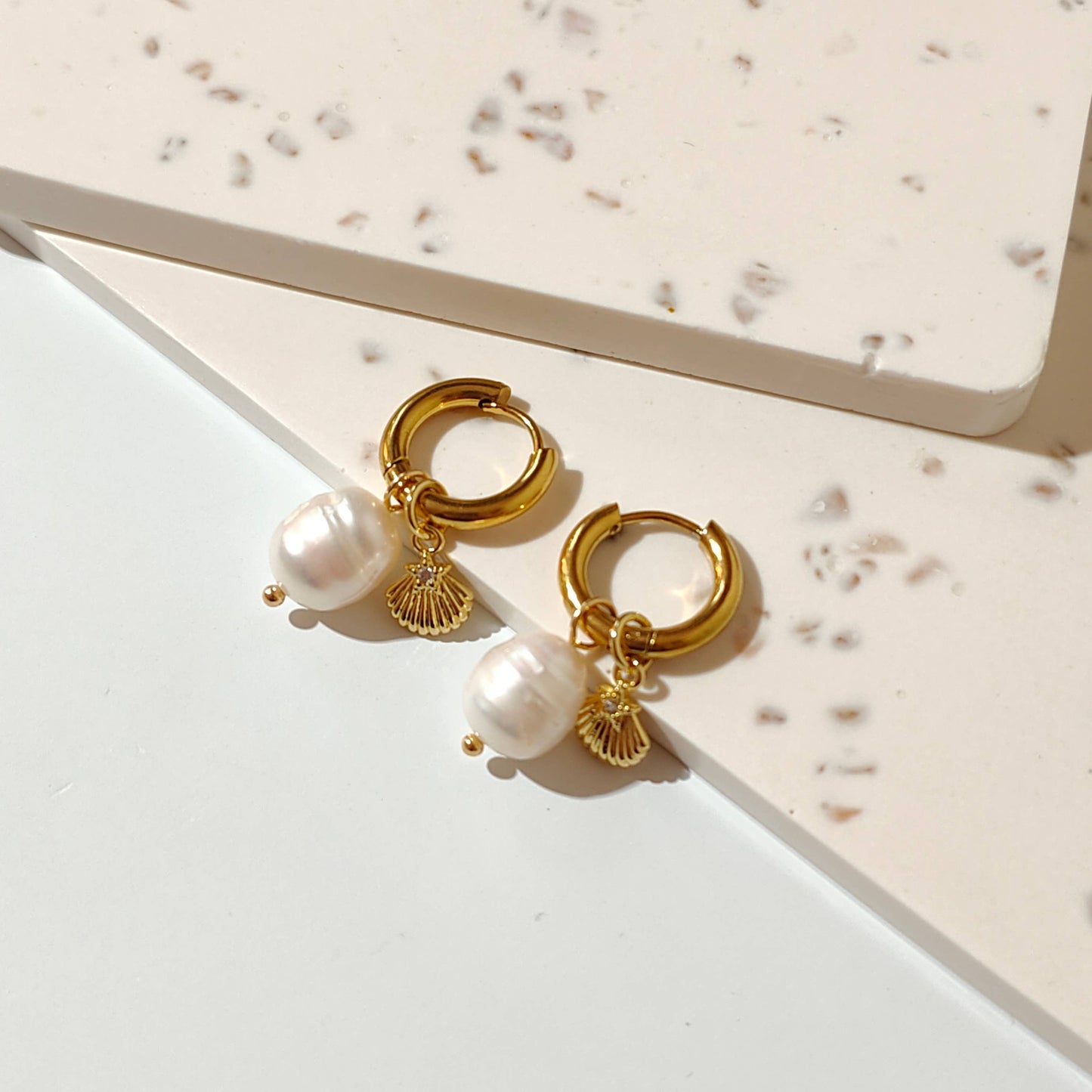 Chucky Pearl & Golden Scallop Hoop Earrings