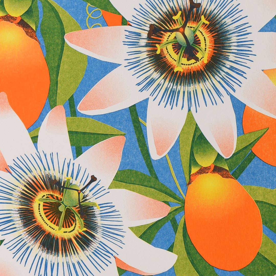 Colourful risograph print of a fruiting passionflower.