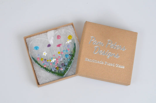 Handmade fused glass artwork in a box with 'Papa Petter's Designs' branding.