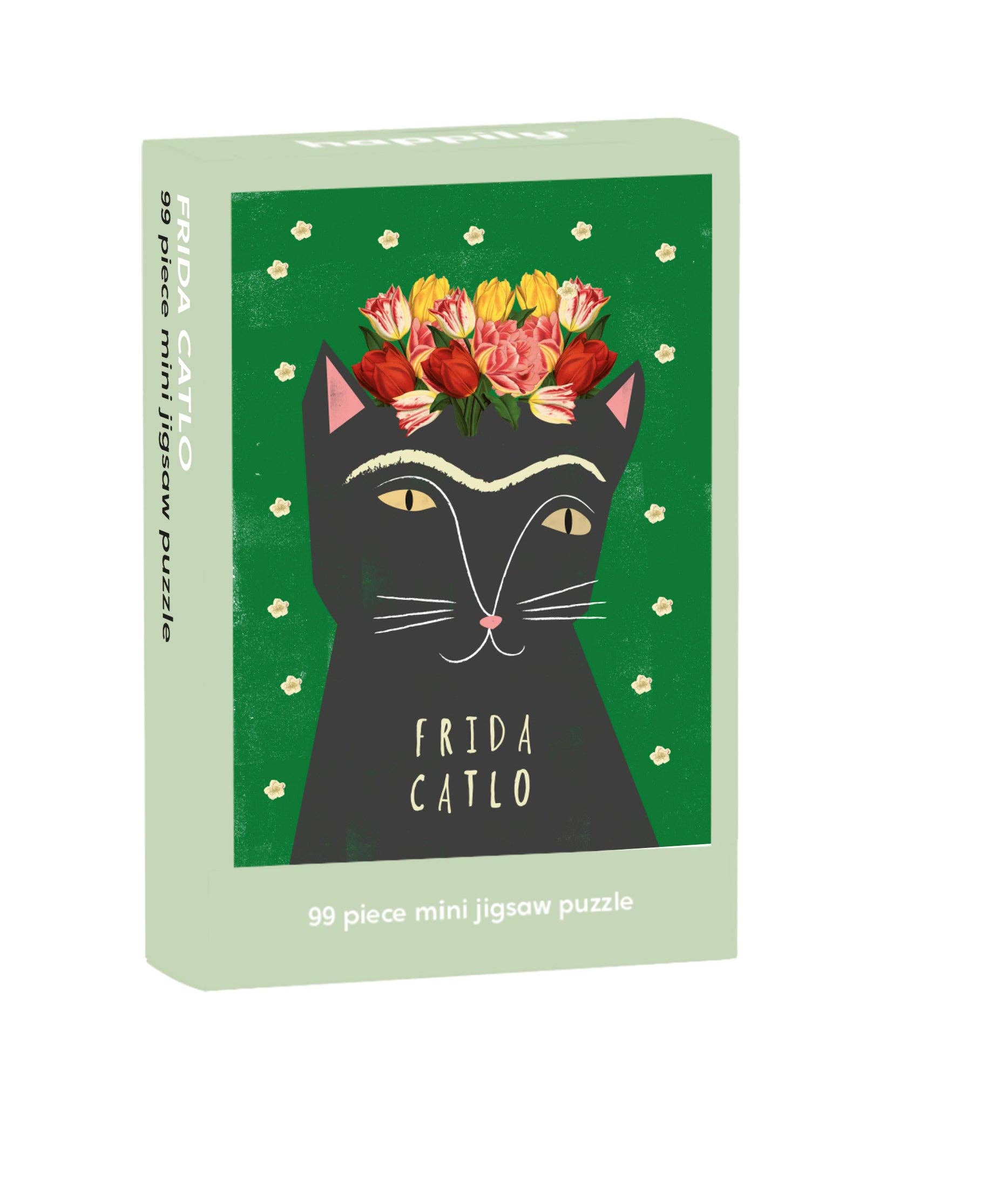 Frida Catlo mini jigsaw puzzle box with a black cat design and flower crown on a green background