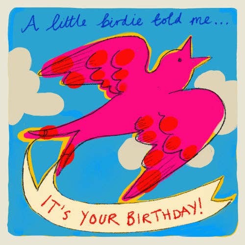 Colorful birthday card with a pink bird and 'It's Your Birthday!' message on a blue background.