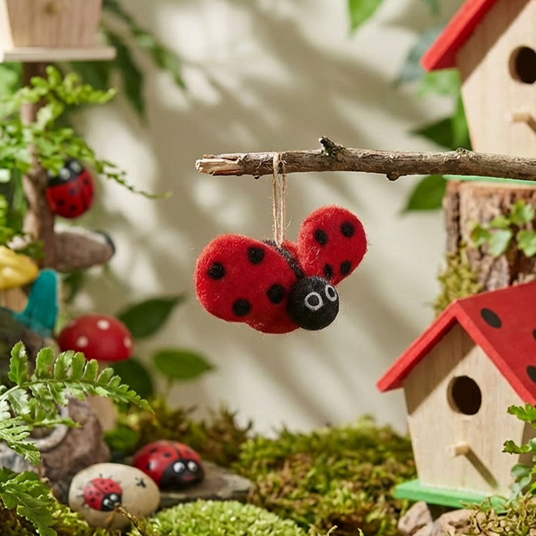 Felt ladybug ornament hanging from a branch with miniature birdhouses and plants in the background.