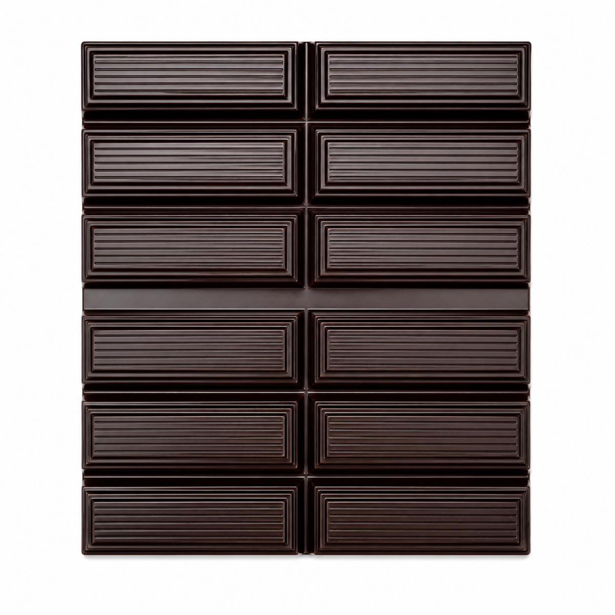 A dark chocolate bar with a grid pattern of twelve rectangular sections, each with horizontal ridges, set against a solid white background.