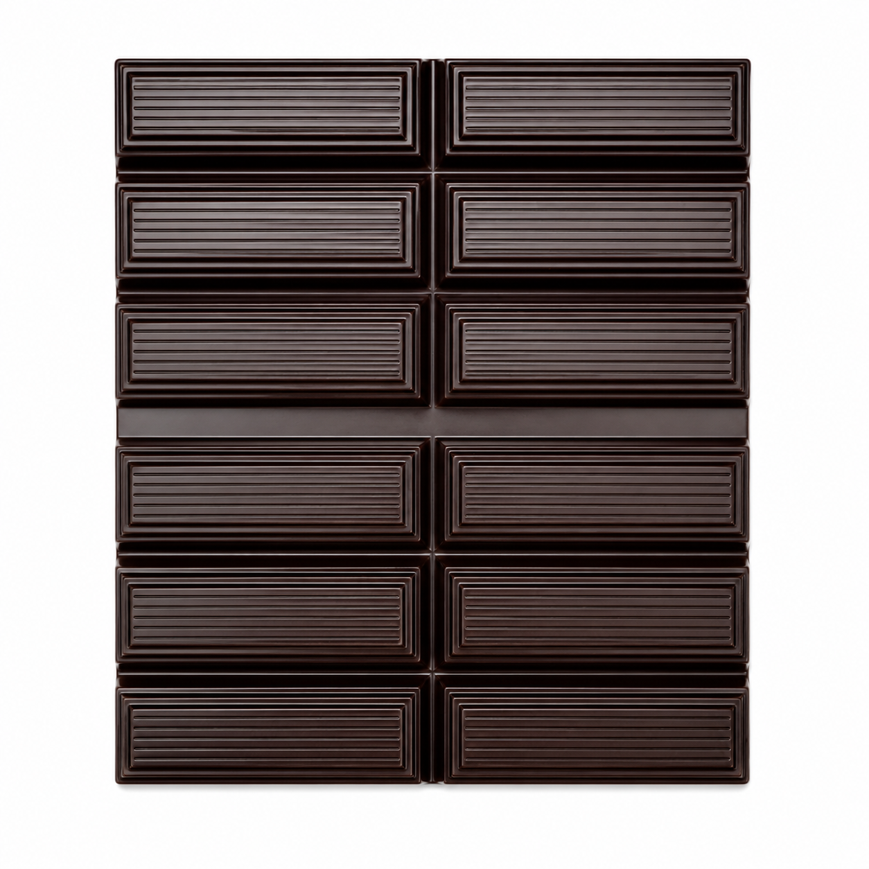 A dark chocolate bar with a grid pattern of twelve rectangular sections, each with horizontal ridges, set against a solid white background.