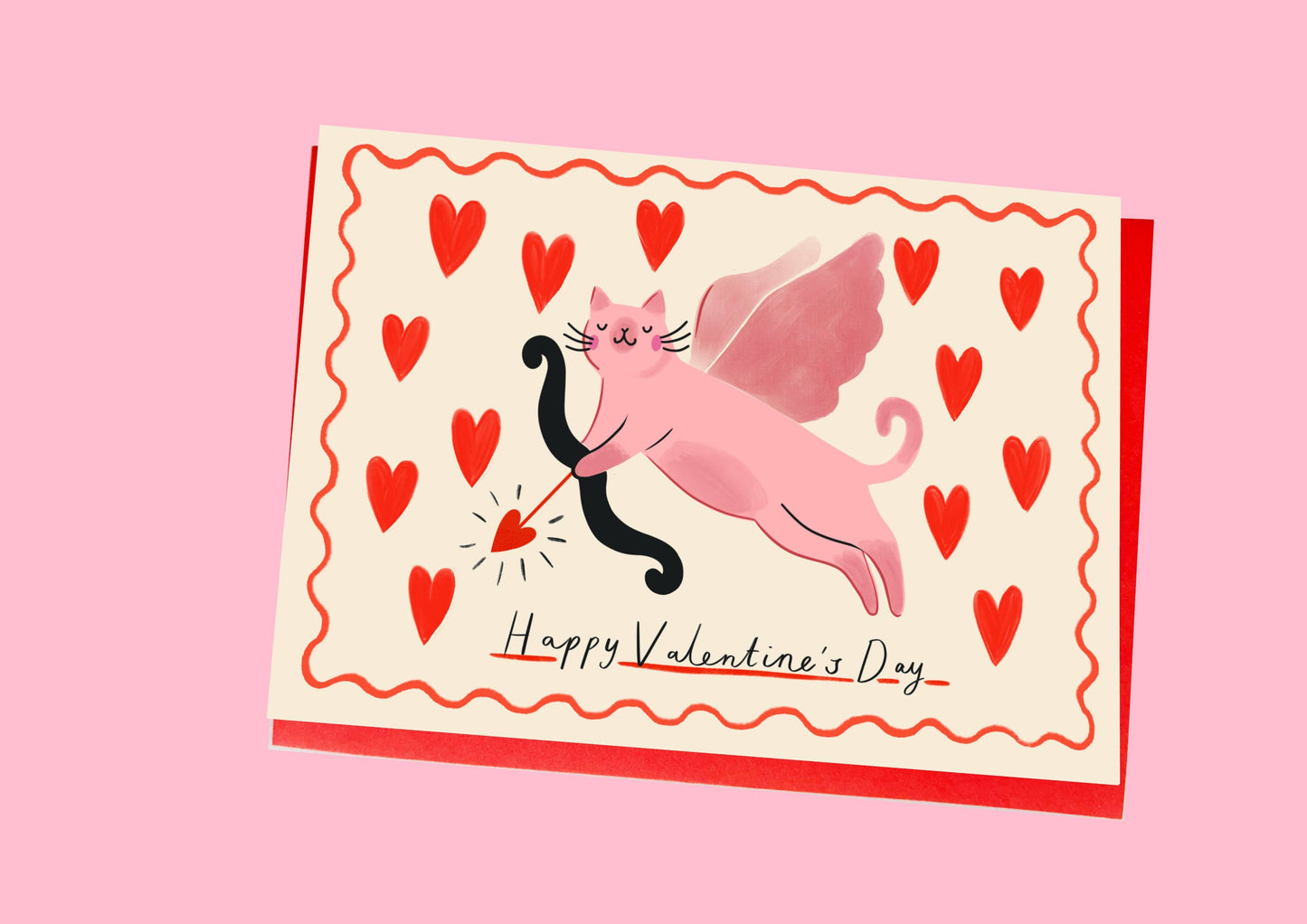 Valentine's Day card with a pink fairy cat and black cat on a pink background