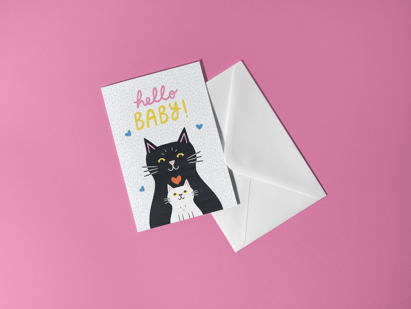 Greeting card with a cat illustration and 'hello baby!' text on a pink background
