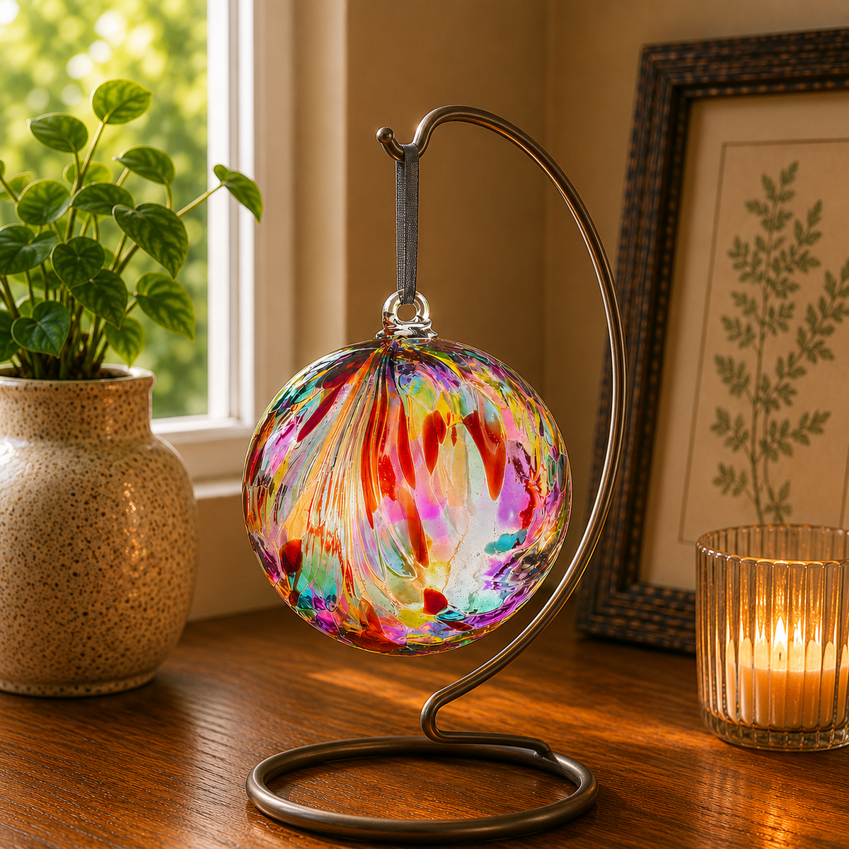 A colorful glass hanging ornament with swirling red, orange, yellow, green, and blue patterns, suspended from a dark metal stand on a wooden table. A potted plant, a framed botanical print, and a lit candle are visible in the background.