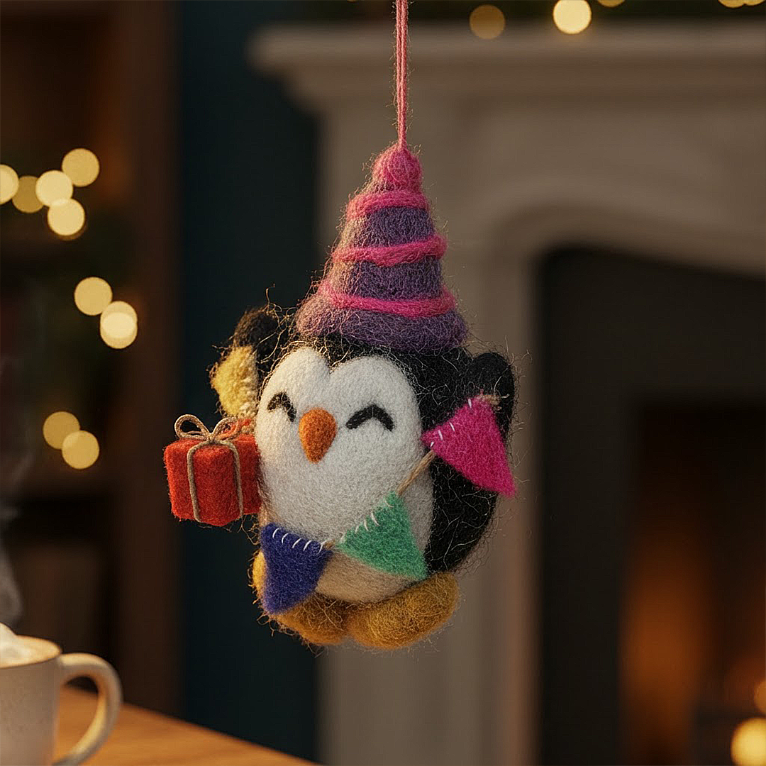 Felt penguin ornament with colorful hat and scarf hanging in front of a fireplace.