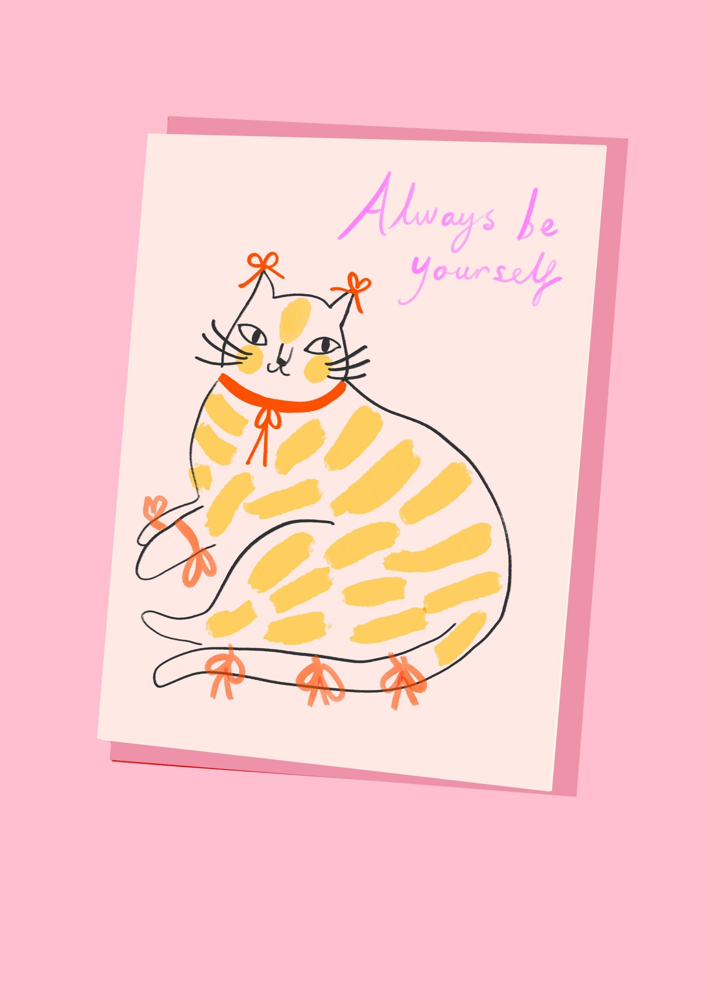 Card with a cat illustration and 'Always be yourself' text on a pink background