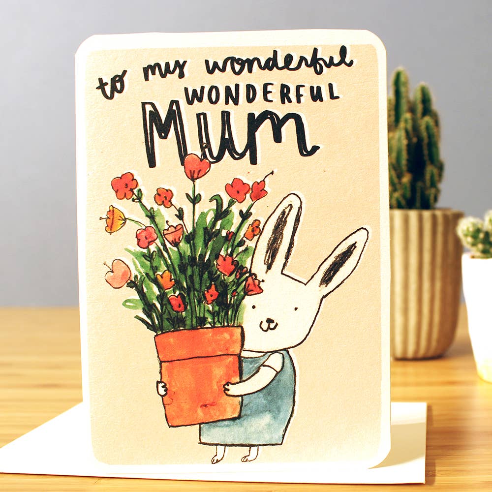 Mothers day card, a little rabbit holding a large pot of flowers, To my wonderful Mum