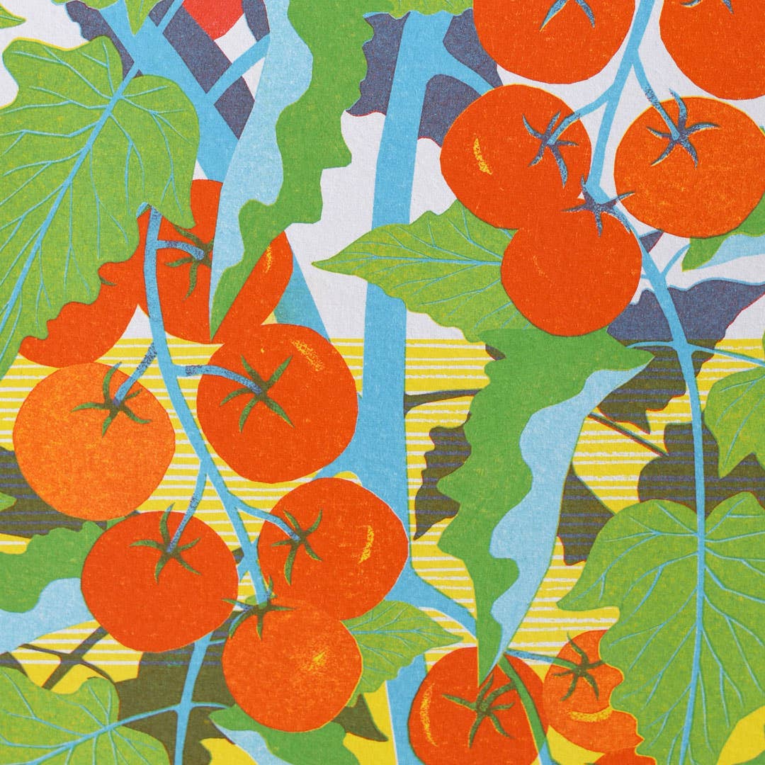 Bright illustration of tomato plant with cherry tomatoes.  The title at the top Tomato Seeds, Tiny Tim