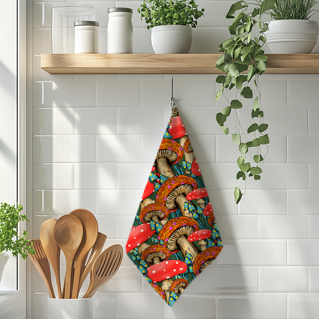 A kitchen towel with a colorful mushroom print hangs from a hook on a white subway tile wall in a kitchen setting with a wooden shelf, plants, and wooden utensils.