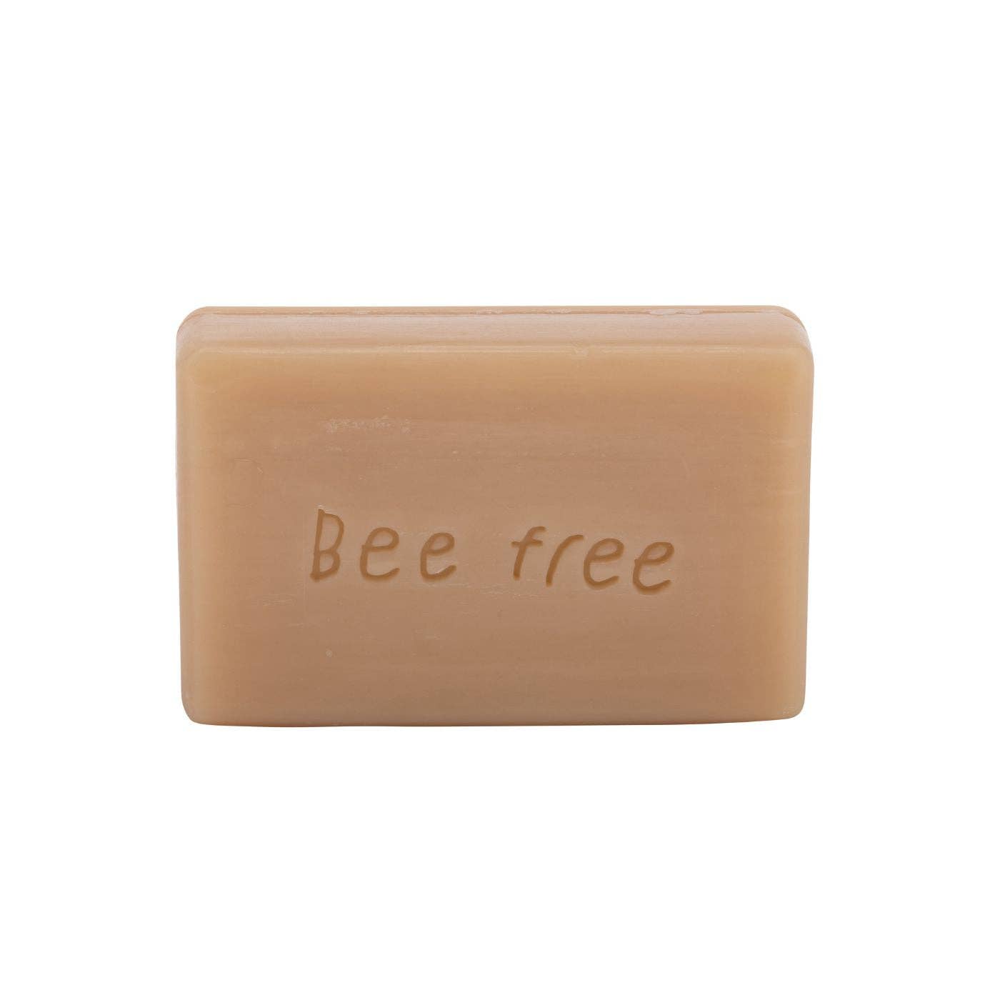 Bar of soap with 'Bee free' engraving on a white background