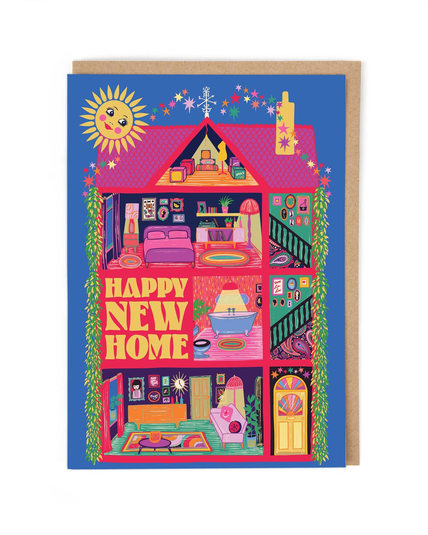Vibrant new home card with a colourful dolls house. Card blank inside.