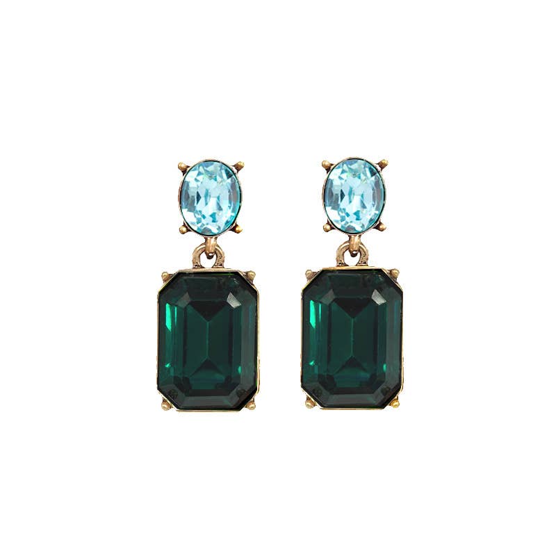 Pair of earrings with green and blue gemstones on a white background
