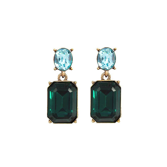 Pair of earrings with green and blue gemstones on a white background