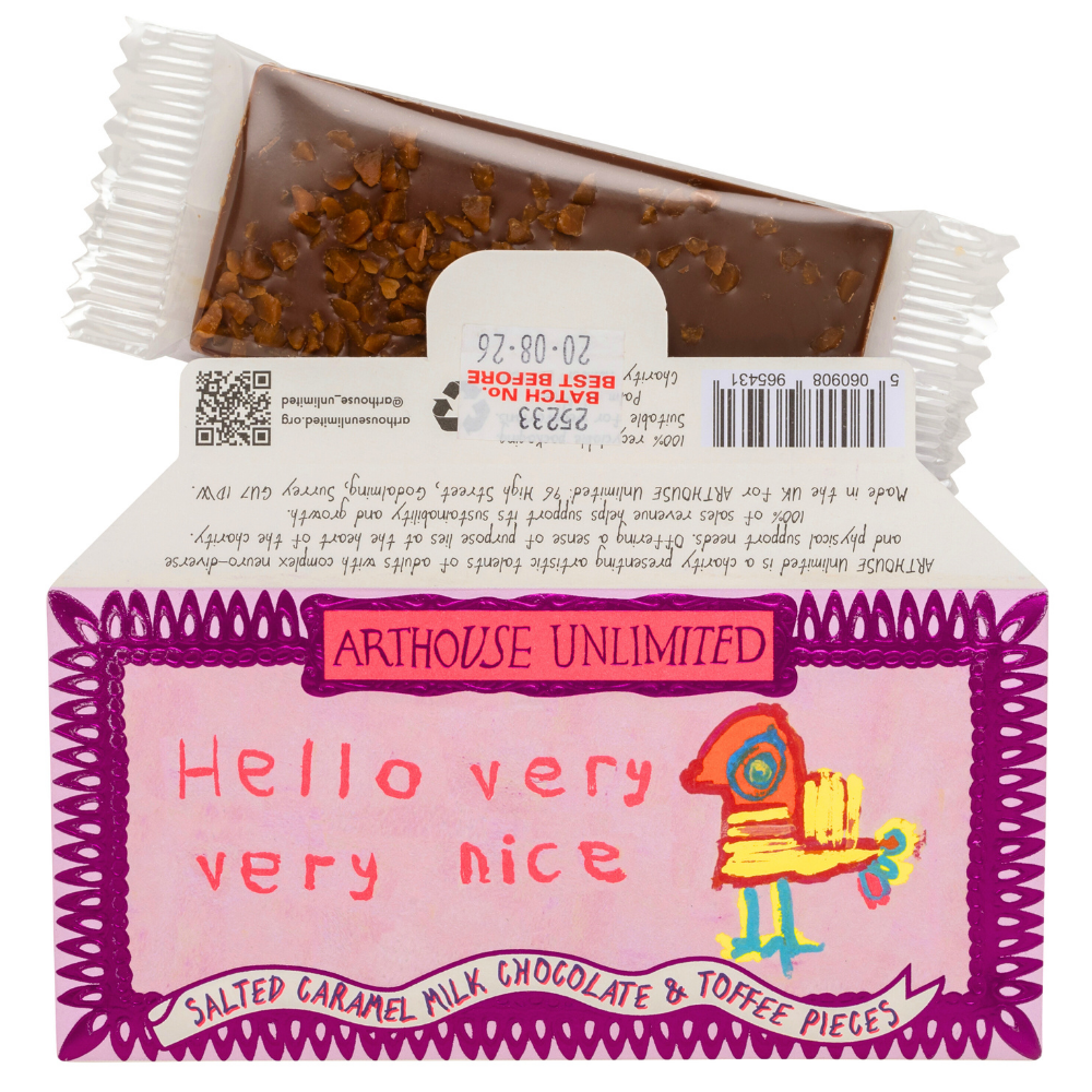 Chocolate bar packaging with 'Arthouse Unlimited' branding and colorful design.
