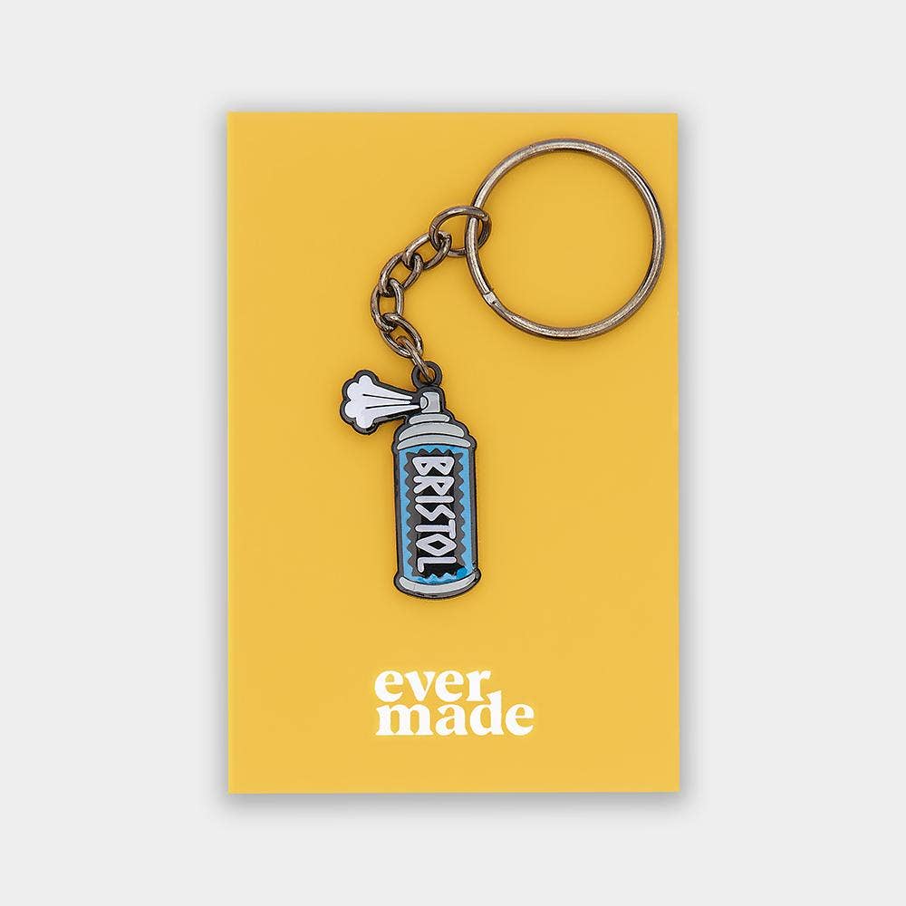 Keychain with 'Bristol' spray can design on a yellow card with 'ever made' branding.