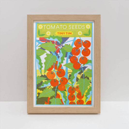 Bright illustration of tomato plant with cherry tomatoes.  The title at the top Tomato Seeds, Tiny Tim