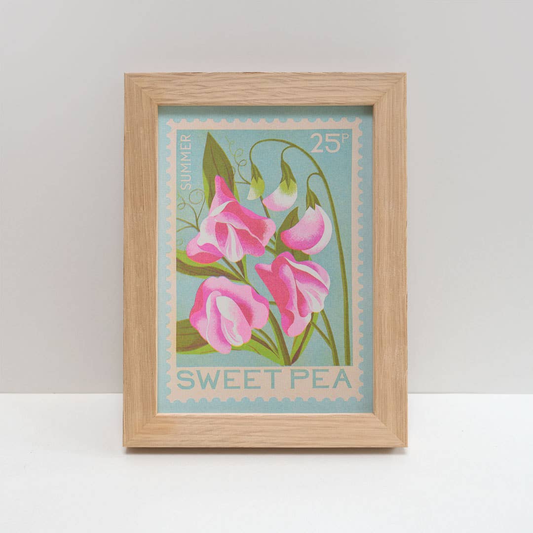Risograph print of a sweet pea on a stamp