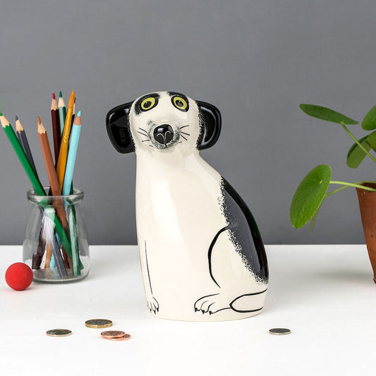 Handmade Ceramic Black and White Dog Money box designed by Hannah Turner