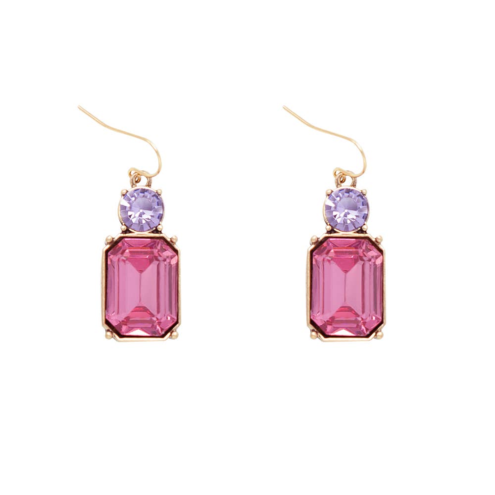 Pink gemstone earrings with gold accents on a white background