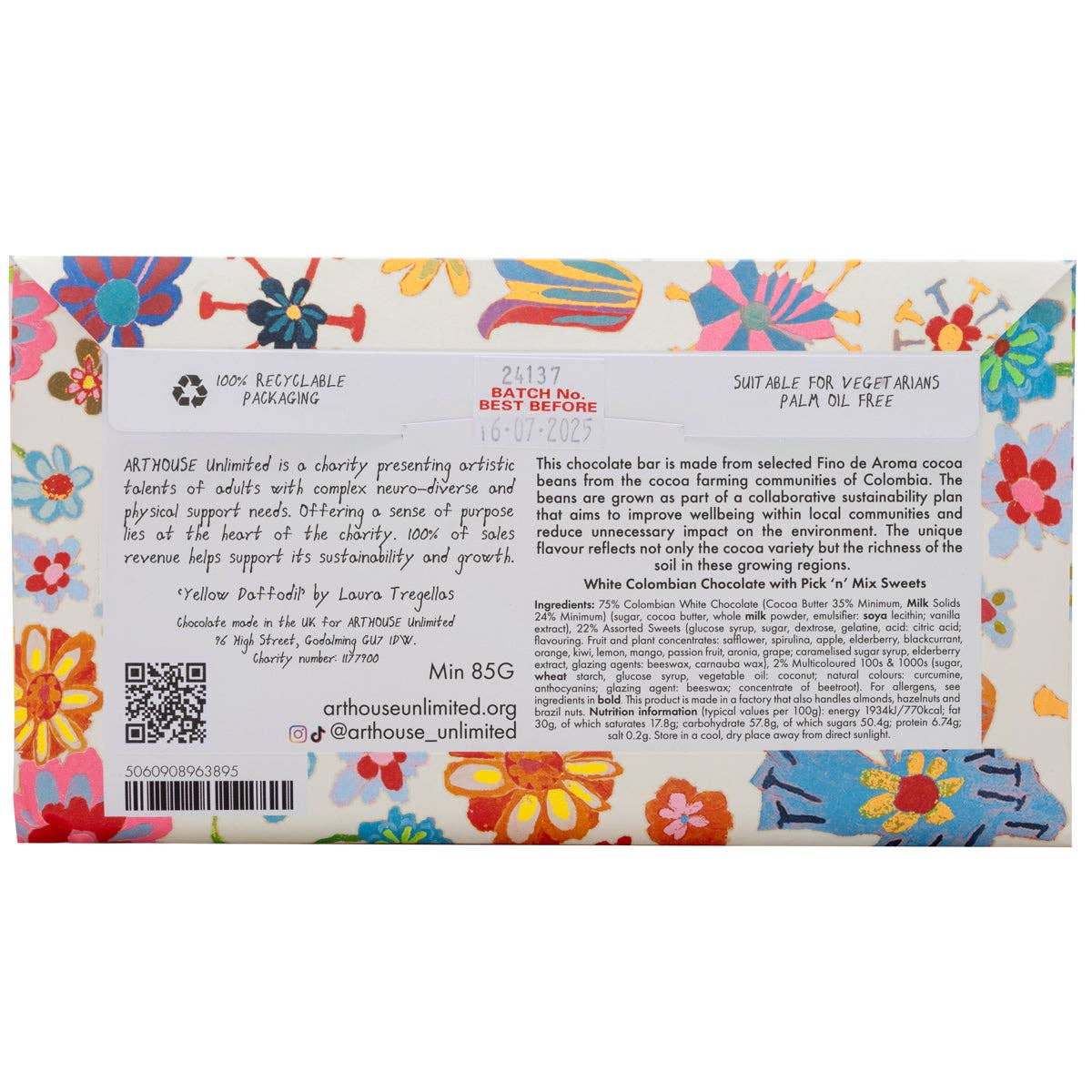 Chocolate bar packaging with colorful floral design and text on a white background