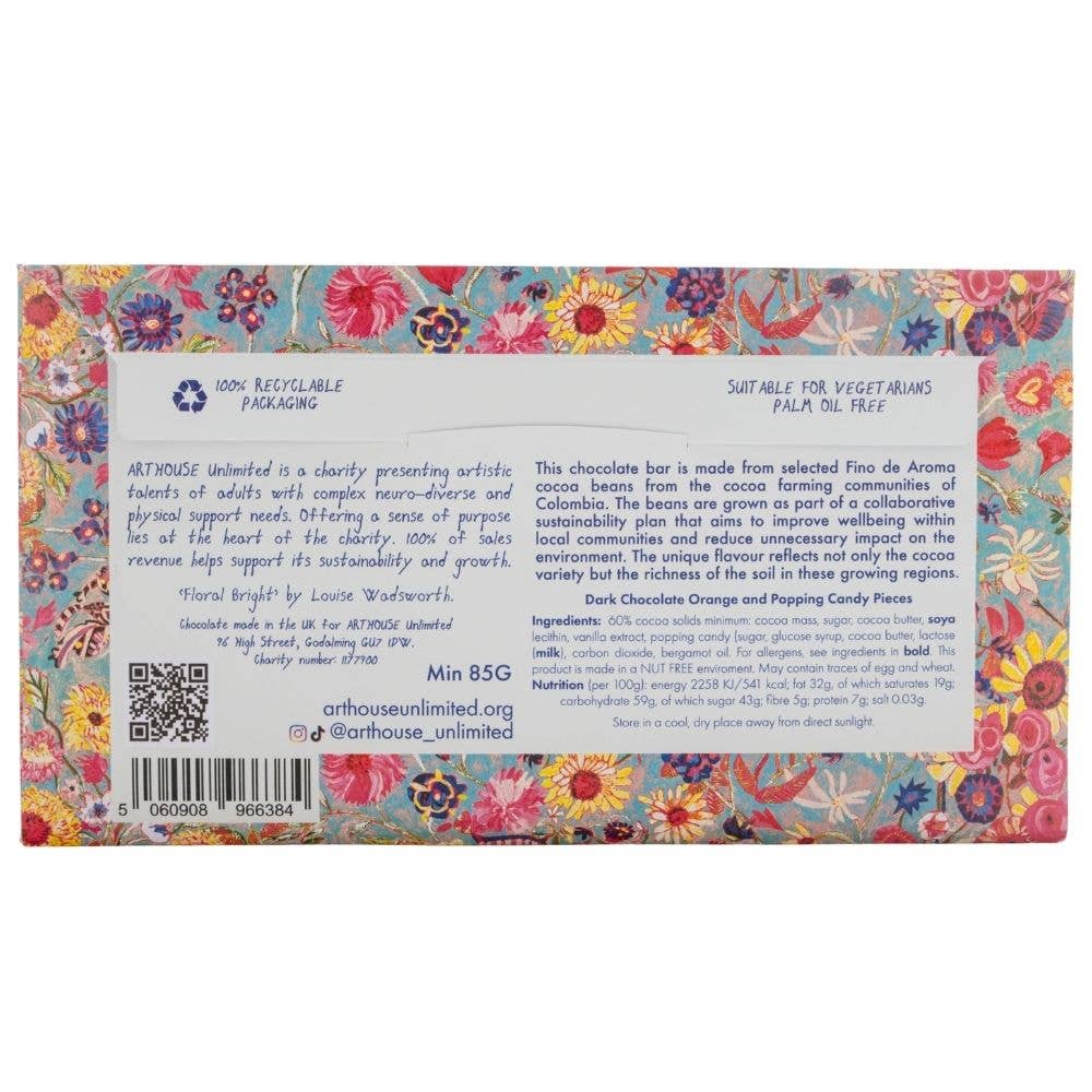 Floral-patterned chocolate bar packaging with text and QR code on a white background
