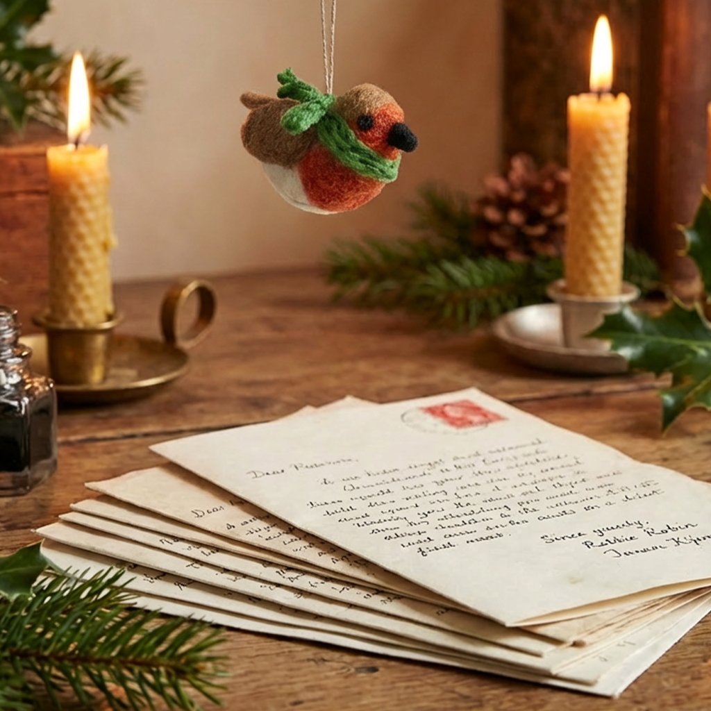 Felt robin decoration hanging above a stack of letters on a wooden surface with candles and greenery.