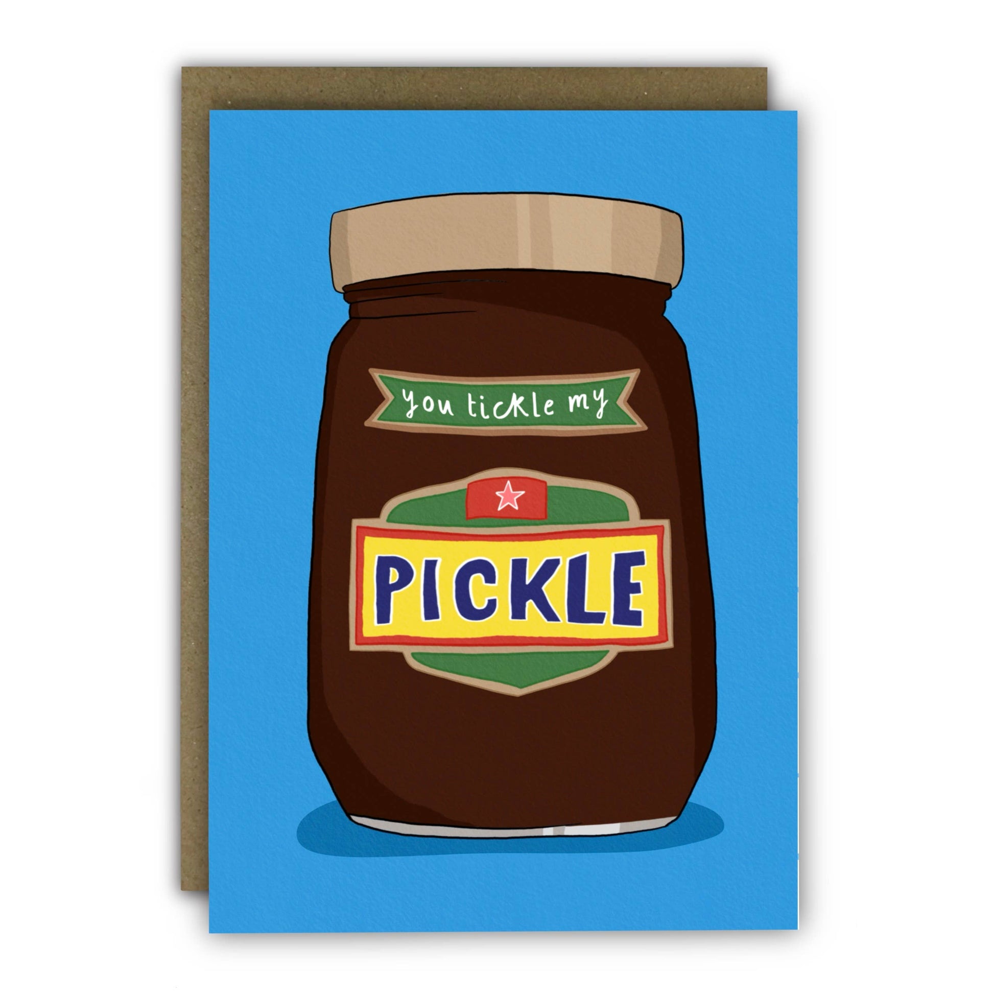 Card with a pickle jar illustration and text on a blue background