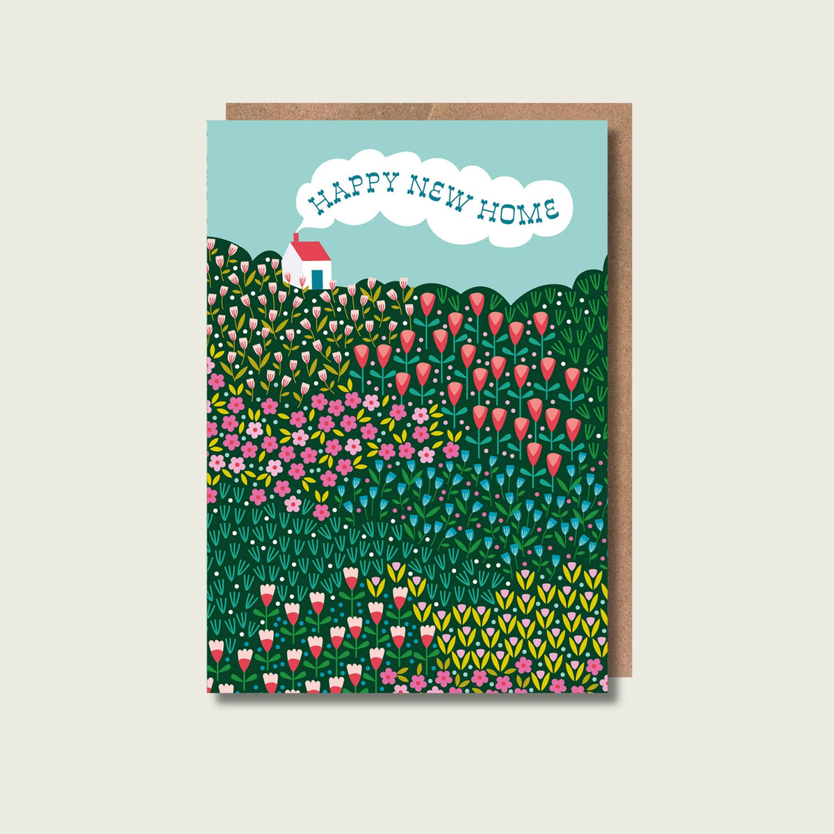 Happy New Home card on a white background.
