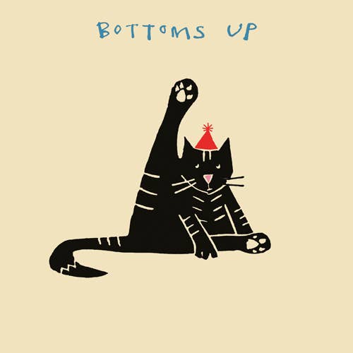 Black Cat with red party hat on cream background wording Bottoms Up on front of card.