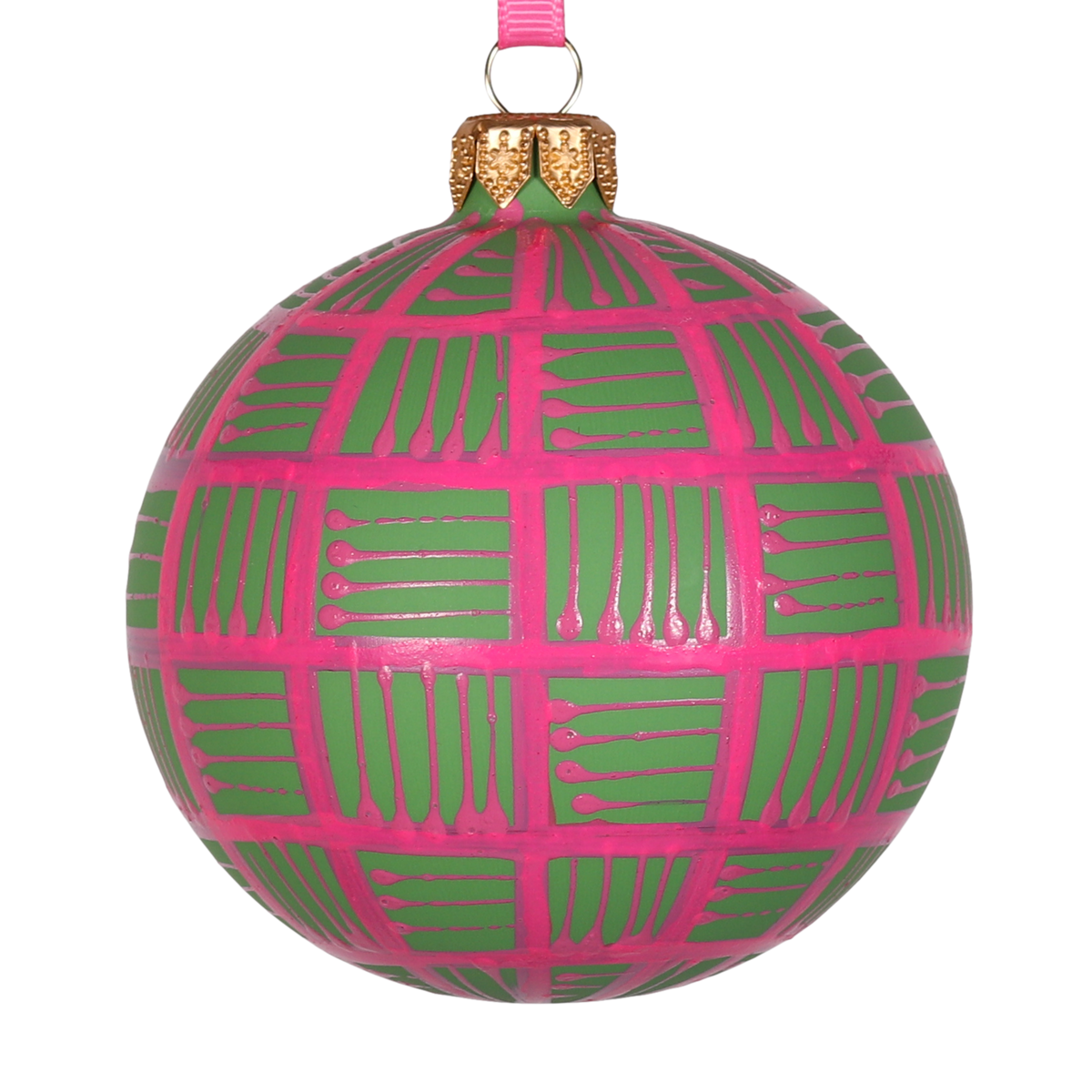 8cm Line Lines Glass Bauble Pink on Green, 8cm