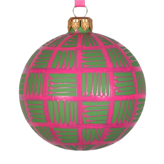Lines Glass Bauble Pink on Green, 8cm