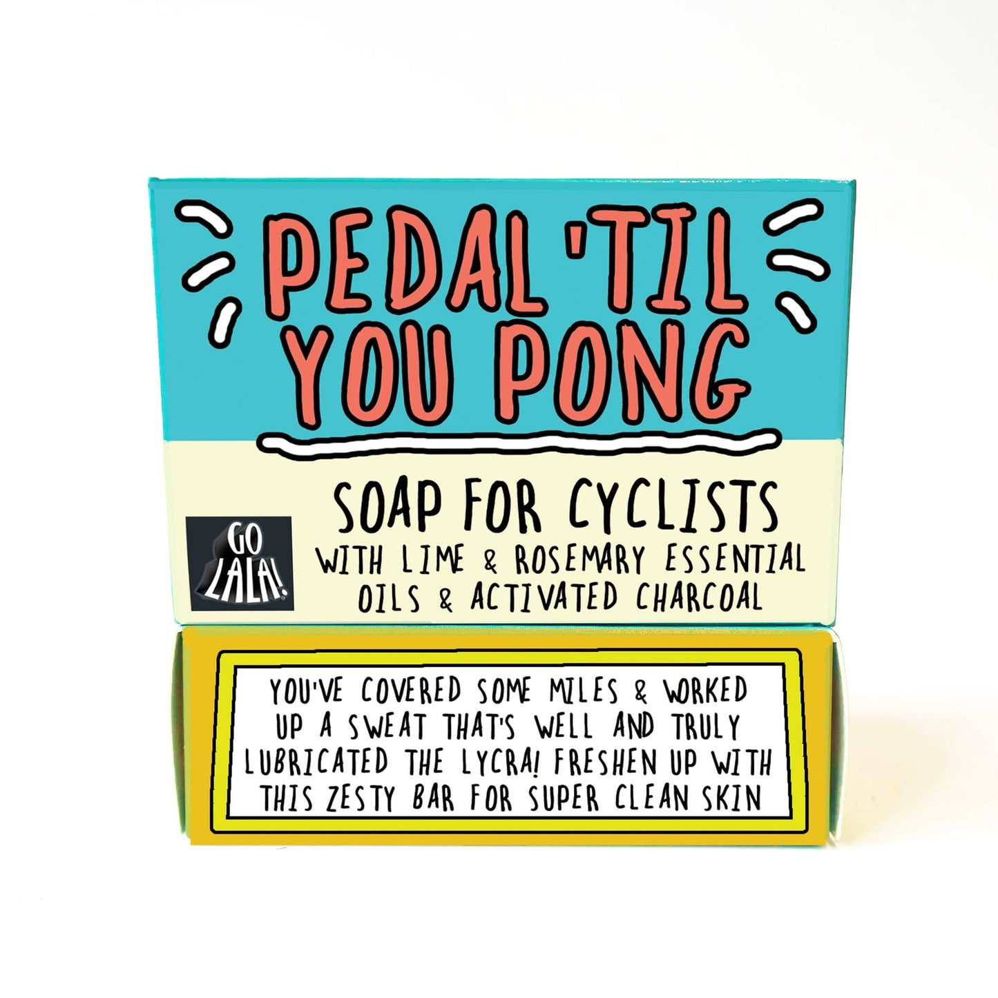 Soap bar packaging for cyclists with colorful text on a white background