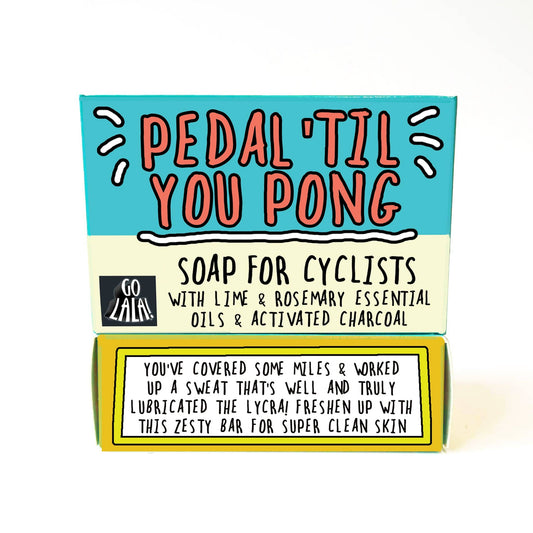 Soap bar packaging for cyclists with colorful text on a white background