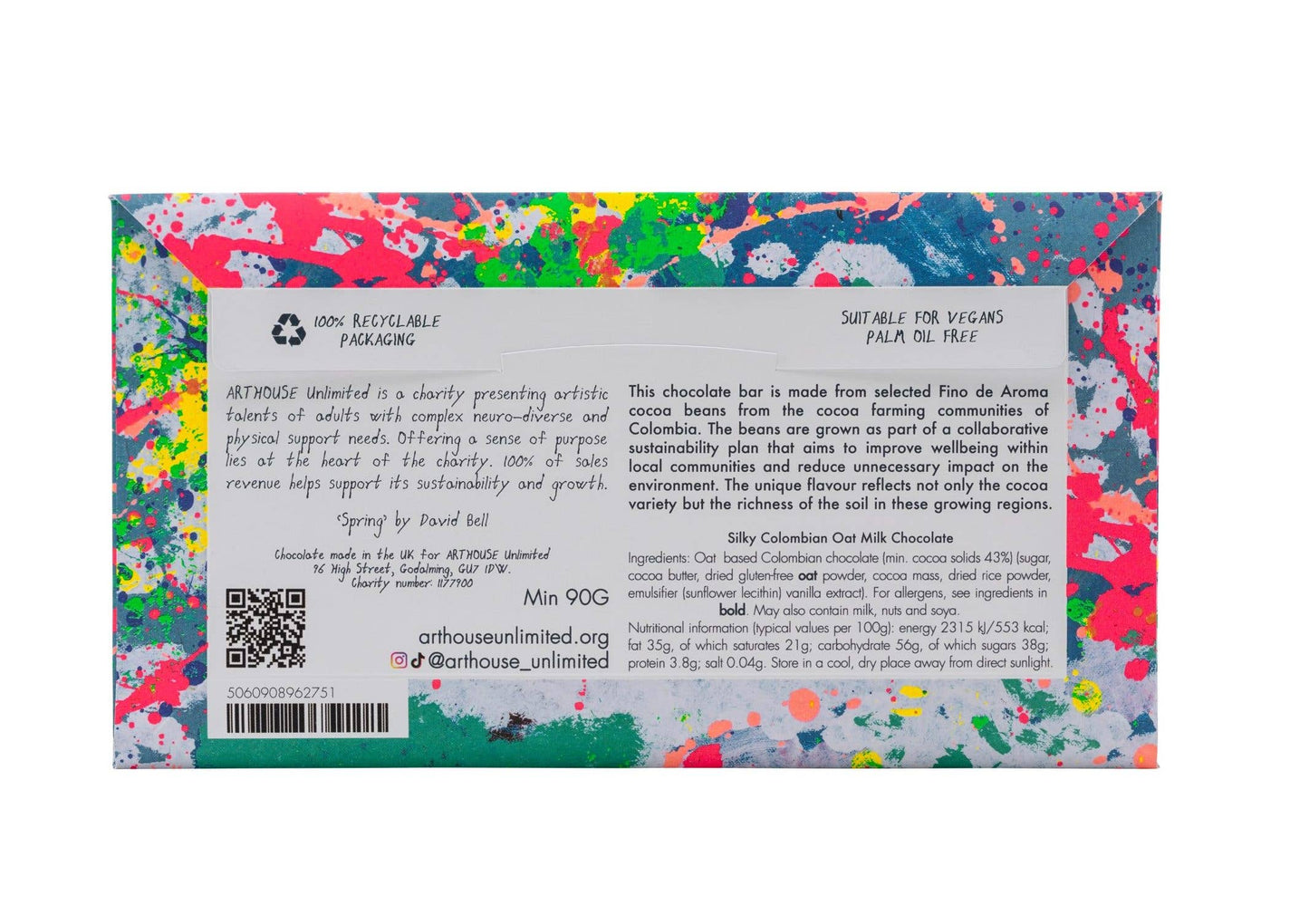 Colorful chocolate bar packaging with text and a QR code on a white background