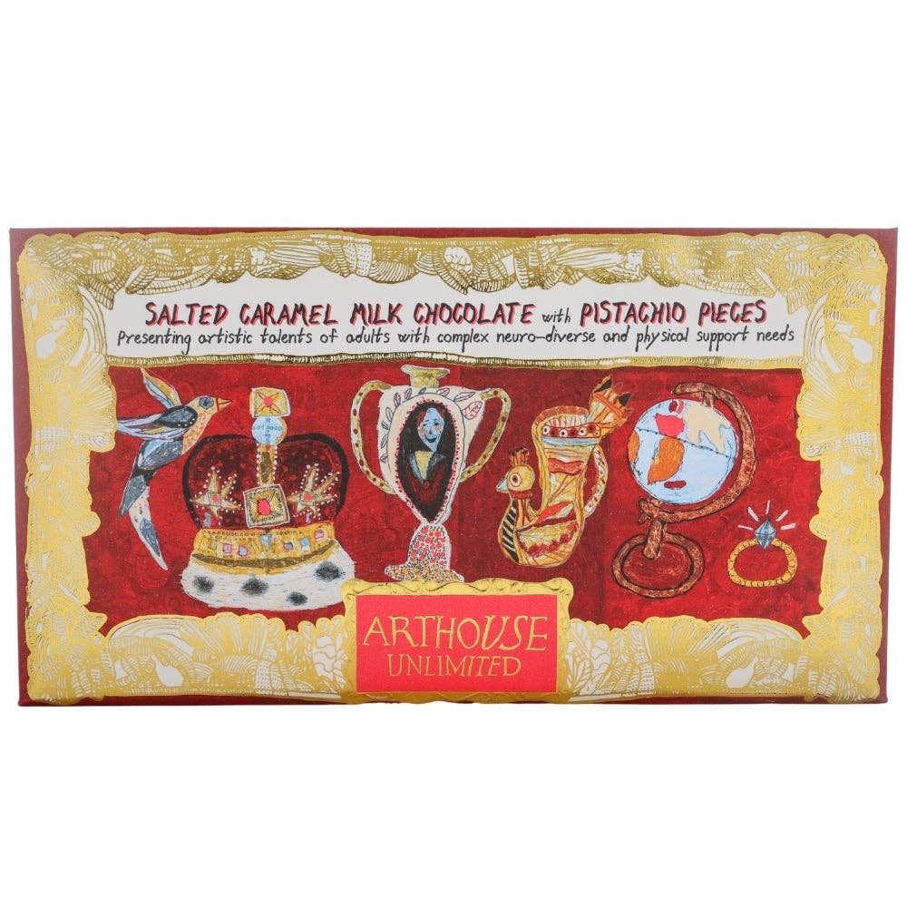 Chocolate packaging with artistic elements and 'Arthouse Unlimited' branding on a white background