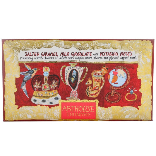 Chocolate packaging with artistic elements and 'Arthouse Unlimited' branding on a white background