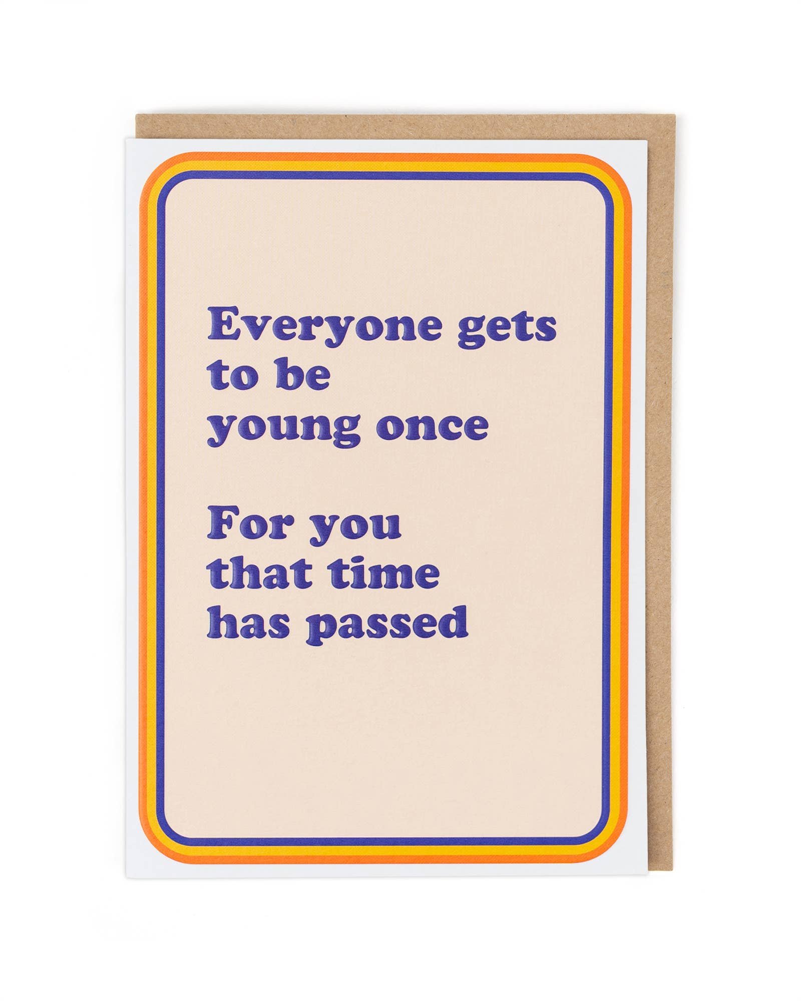 Greeting card with humorous text on a beige background