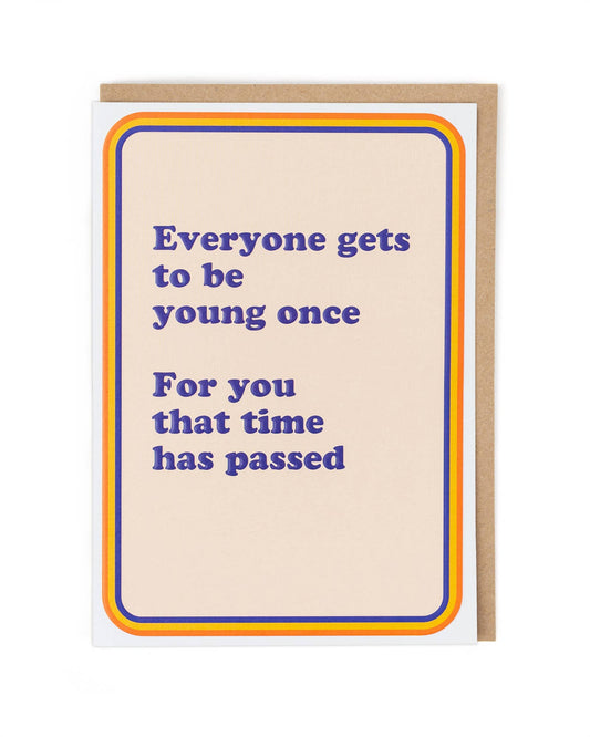 Greeting card with humorous text on a beige background