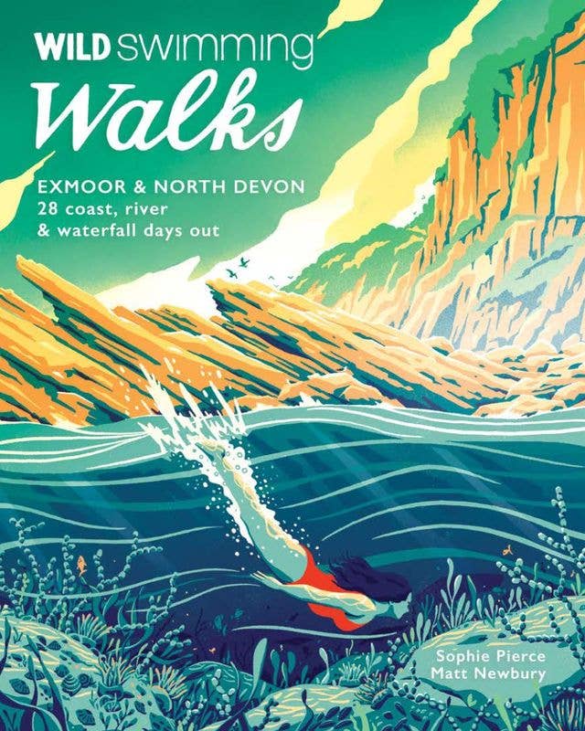 Illustrated cover for a walking guide titled "Wild Swimming Walks: Exmoor & North Devon," showing an underwater scene with a swimmer, rocky cliffs, and blue-green water in a stylized graphic design.