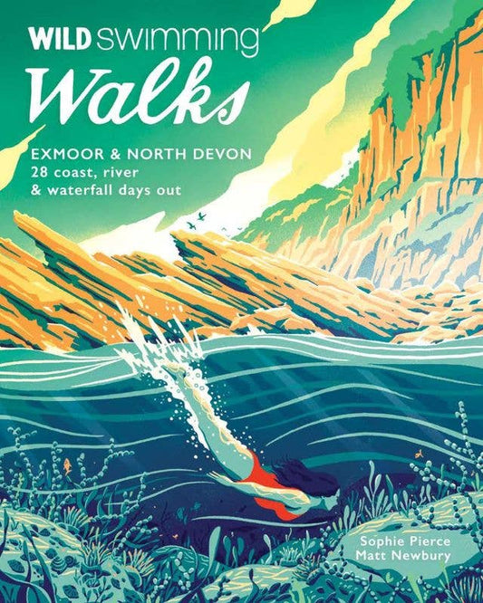 Illustrated cover for a walking guide titled "Wild Swimming Walks: Exmoor & North Devon," showing an underwater scene with a swimmer, rocky cliffs, and blue-green water in a stylized graphic design.