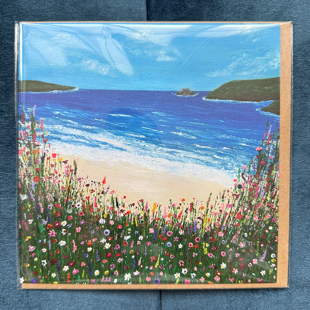 A square card featuring a hand-painted beach scene, with wildflowers in the foreground.