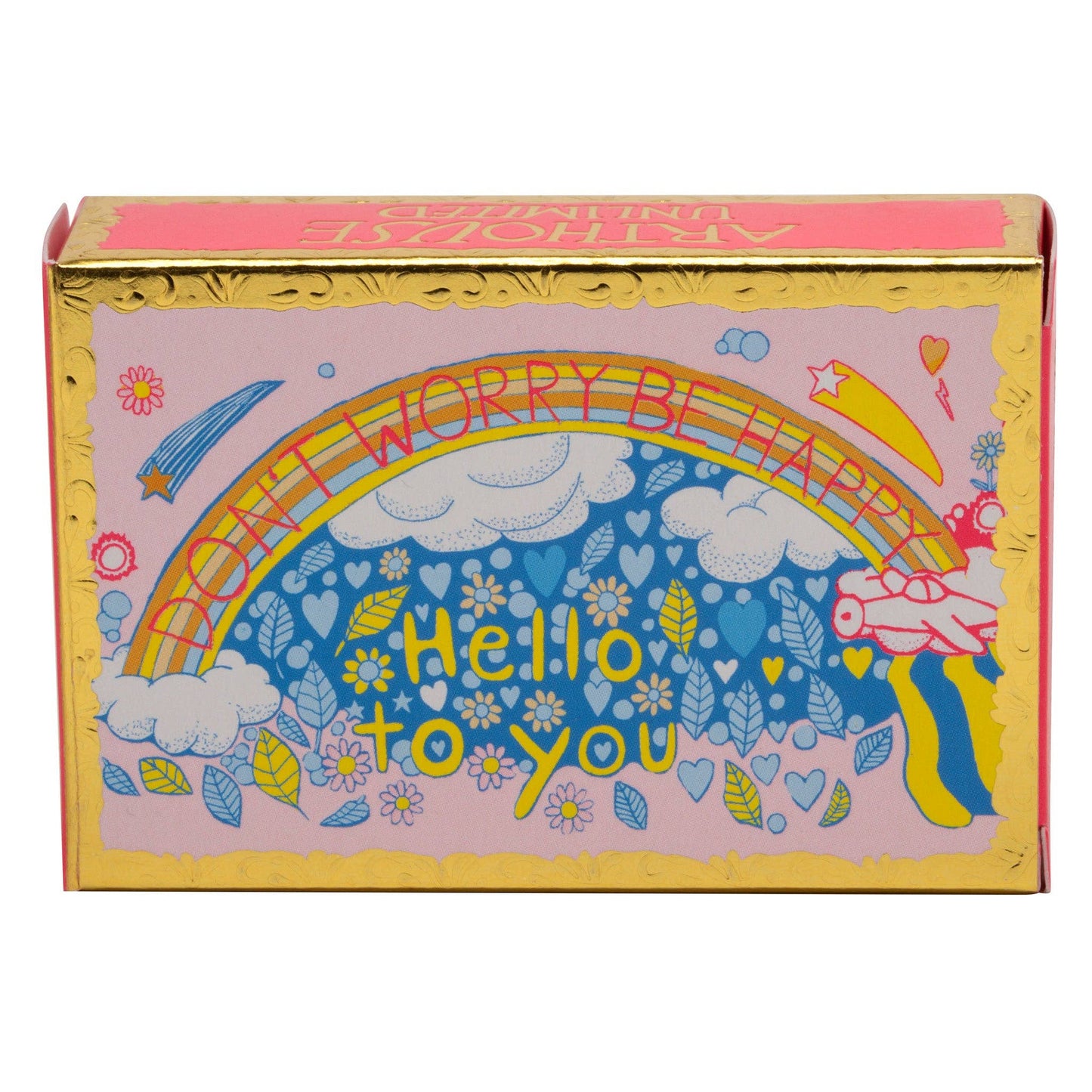Colorful box with rainbow and cloud design, featuring text 'Worry Be Far Away Hello to You'.
