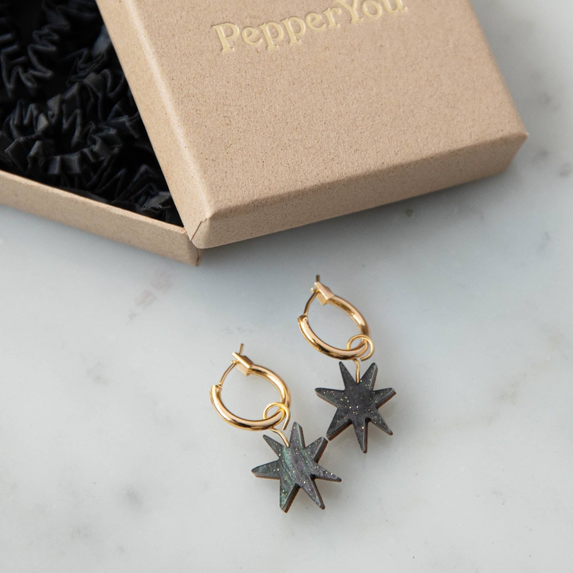 Star Hooped earrings.  Arylic on wood.