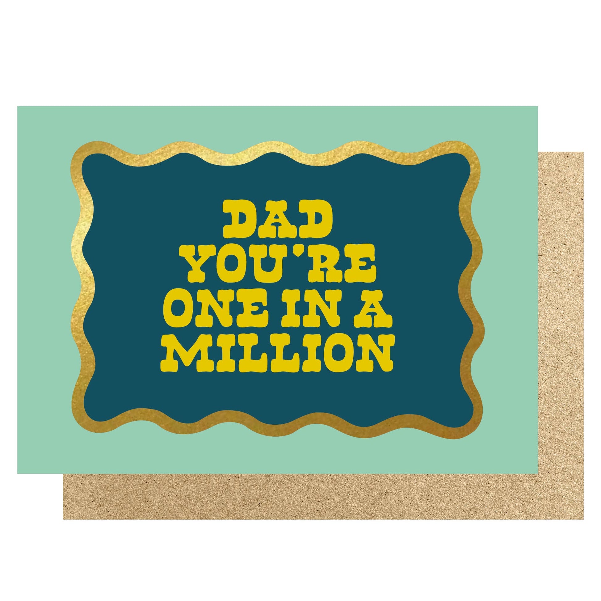 Greeting card with 'Dad you're one in a million' text on a teal background