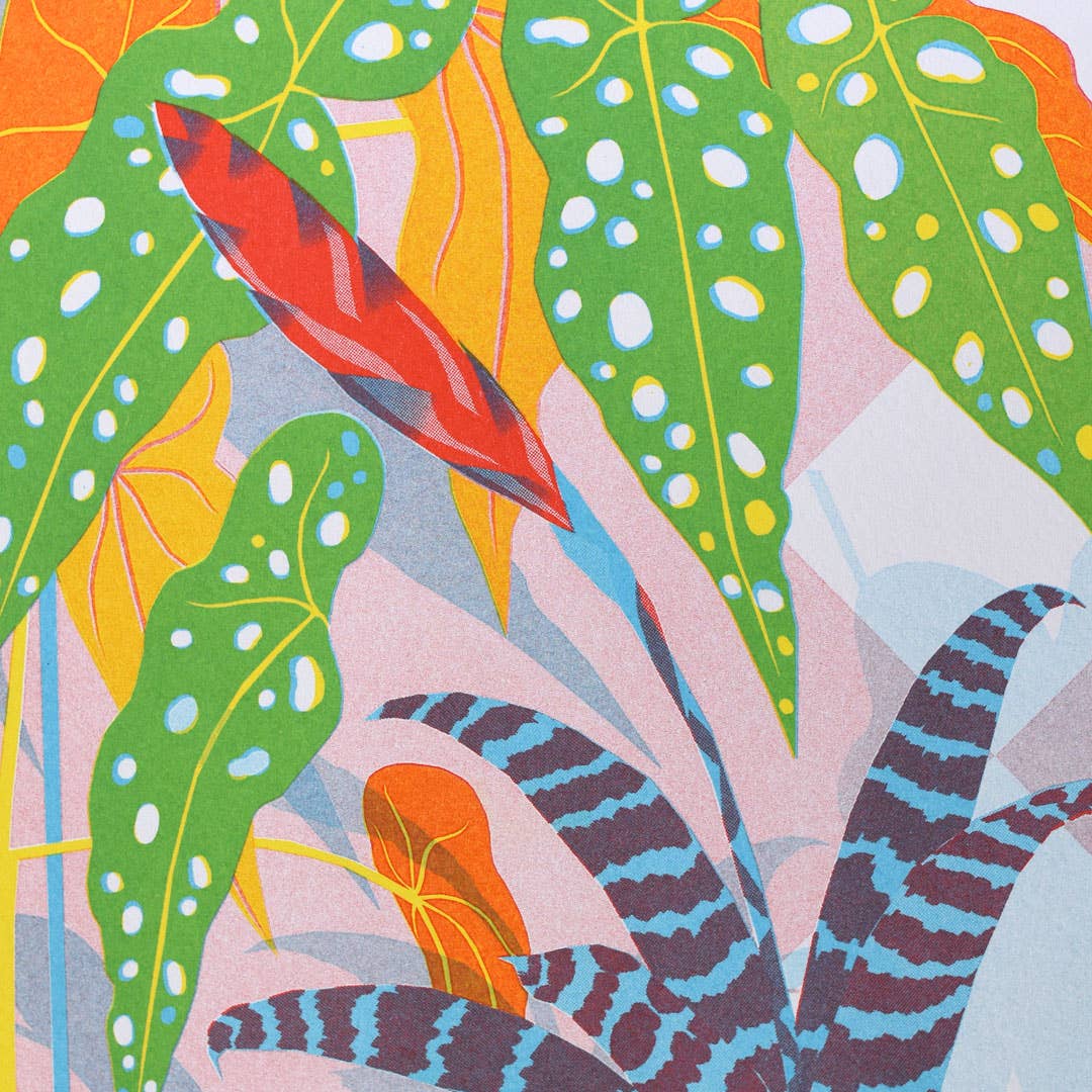 A colourful risograph print of house plants.
